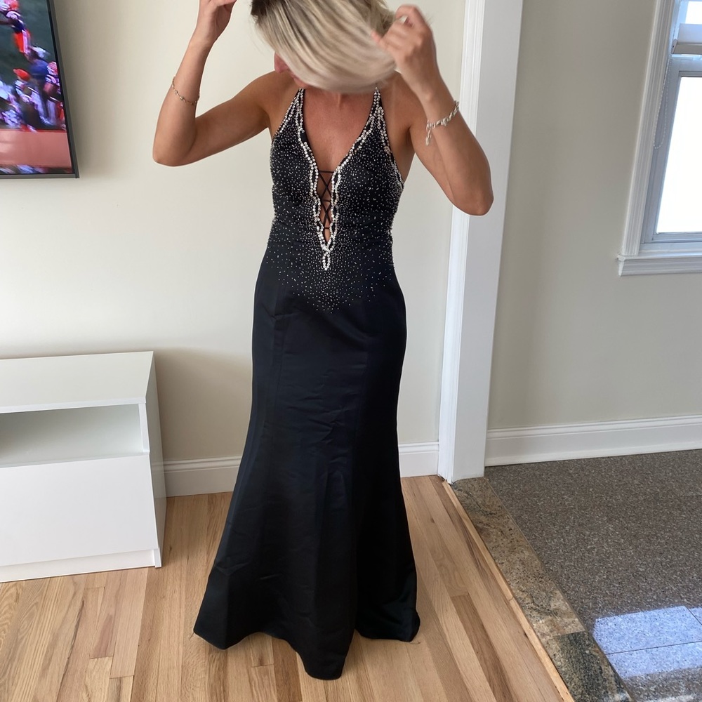 Black satin gown with silver sequin/beading